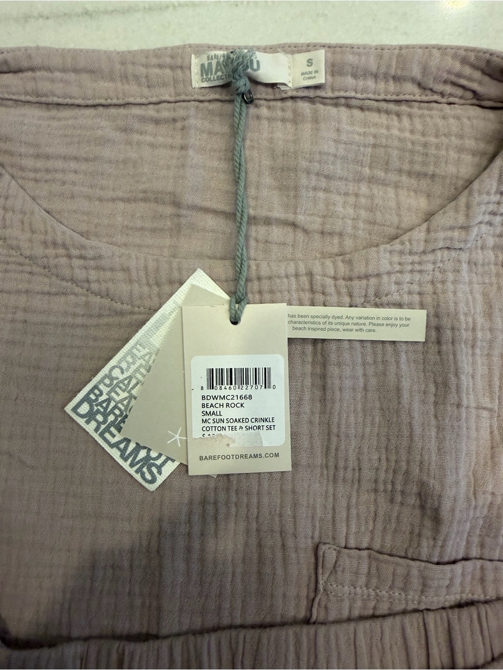 Barefoot Dreams Mauve 100% Cotton Crinkle Tee & Short Set-NWT - Picture 2 of 14